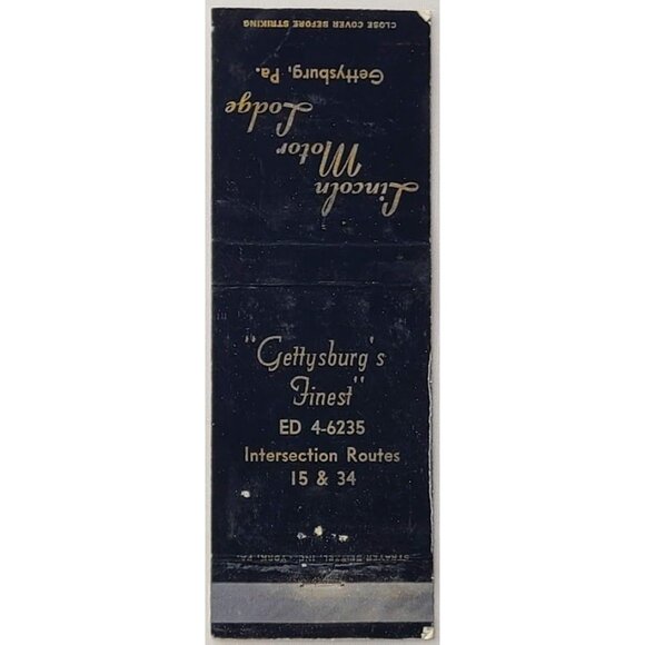 Front Strike Matchbook Cover Lincoln Motor Lodge Gettysburg PA Pennsylvania - Picture 2 of 5